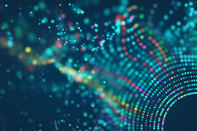 Abstract illustration of data visualisation in multcoloured dots becoming uniformed 