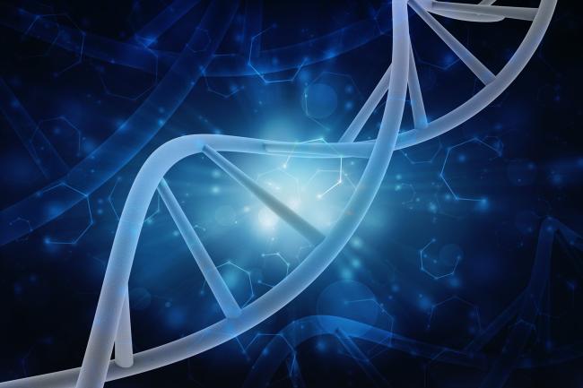 Digital render of a double helix with abstract molecular background in shades of blue
