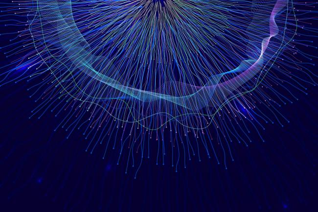 Digital illustration of flowing, multicolored lines radiating outward and down from a central point against a deep blue background.